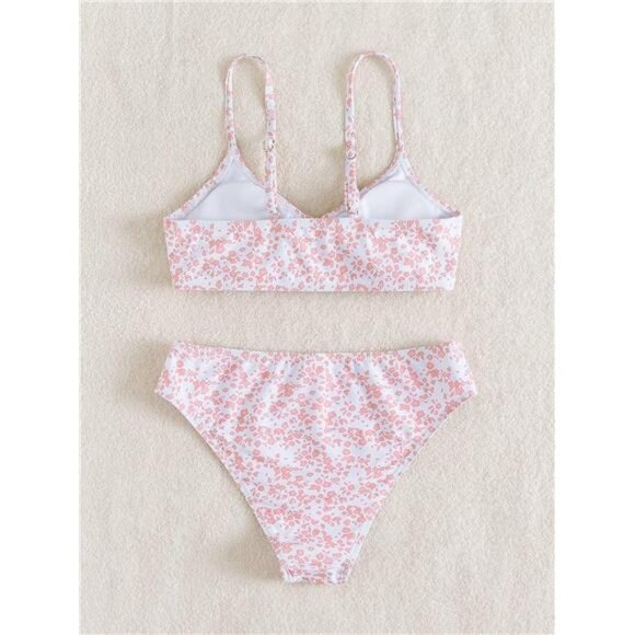 Girls' 2‎ Piece Ditsy Floral Print Knot Front Ruched Triangle Bikini Swimsuit - Picture 2 of 5